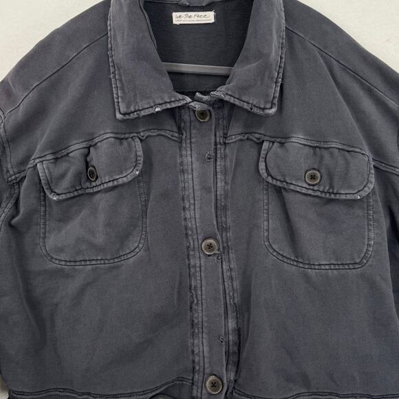 Free People Cropped Shacket L Gray Cotton Oversized Grunge Distressed Leisure - Picture 4 of 11